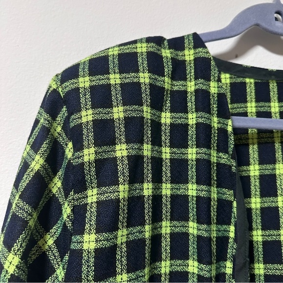 Vintage Plaid Open Front Collarless‎ Blazer Black Blue Neon Green Check Size XL - Picture 3 of 11